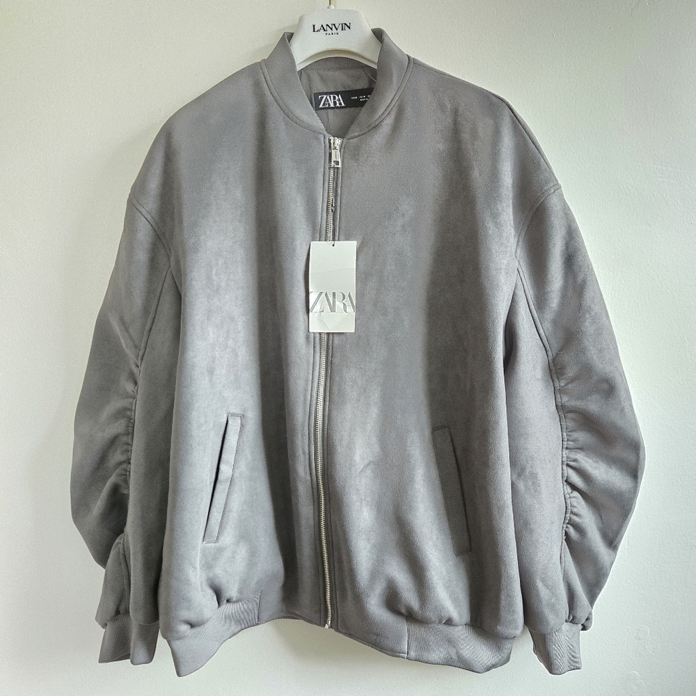 New Zara Oversized Suede Gray Bomber Jacket NWT Medium - Picture 10 of 15
